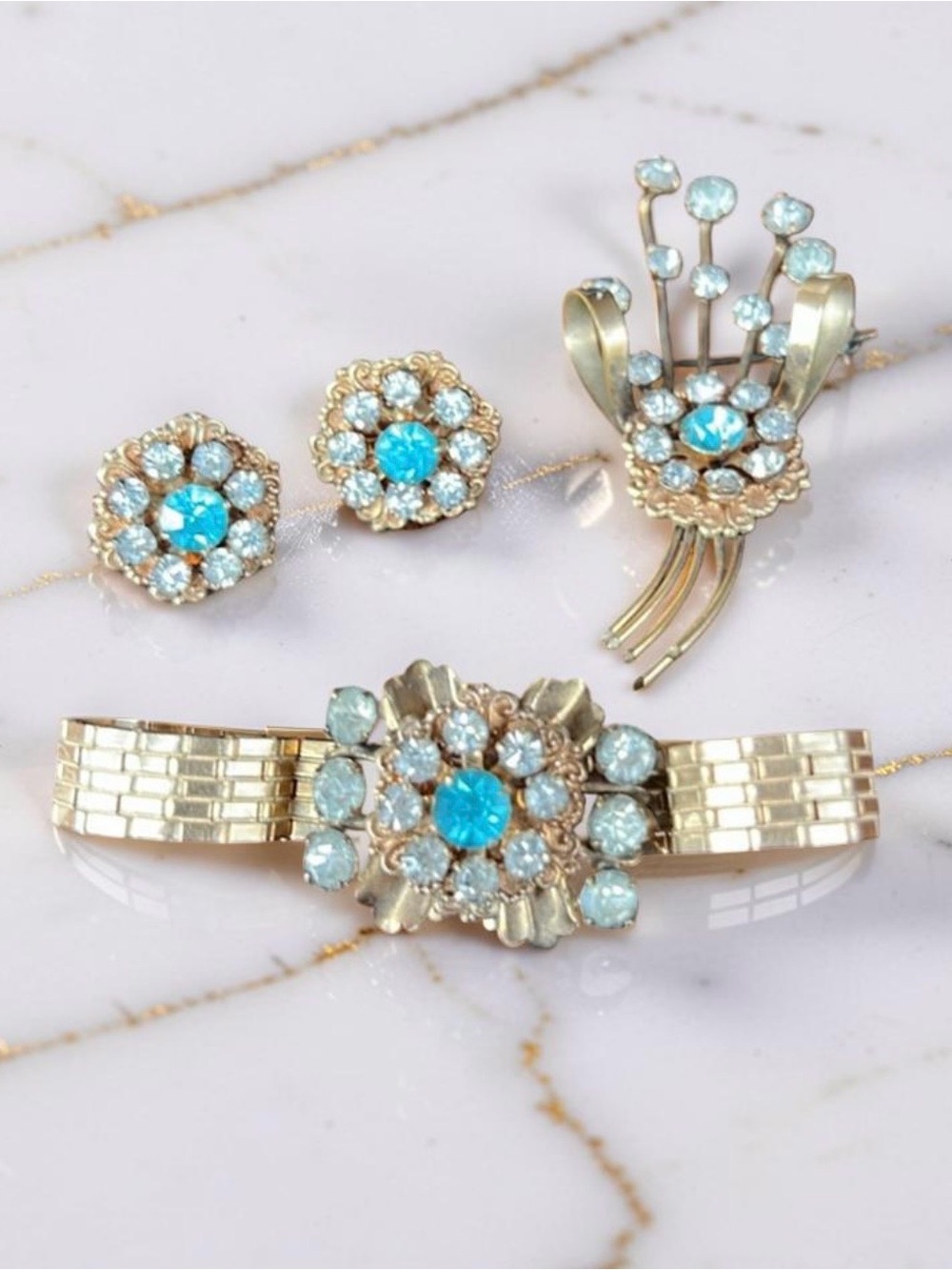 Vintage Mid Century Expansion Bracelet Necklace Earrings Brooch Gold Turquoise